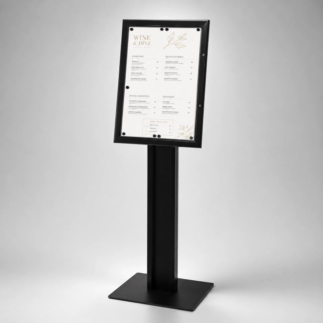 Podświetlany stojak na menu LED 4 x A4 Czarny – wolnostojący stojak informacyjny